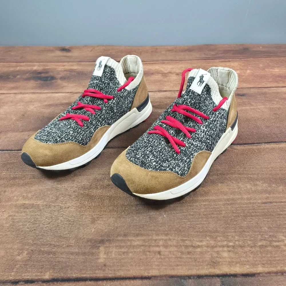 Polo Ralph Lauren TRKSTR 200II Mens 7.5 Grey Tan Good Knit Suede Sneakers